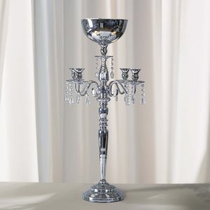 Metal Candelabra 33" 4 Arm Design Silver with Flower Vase Bowl - Table Centerpiece for Weddings